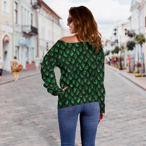 Green Dragon Scales Pattern Print Off Shoulder Sweatshirt GearFrost