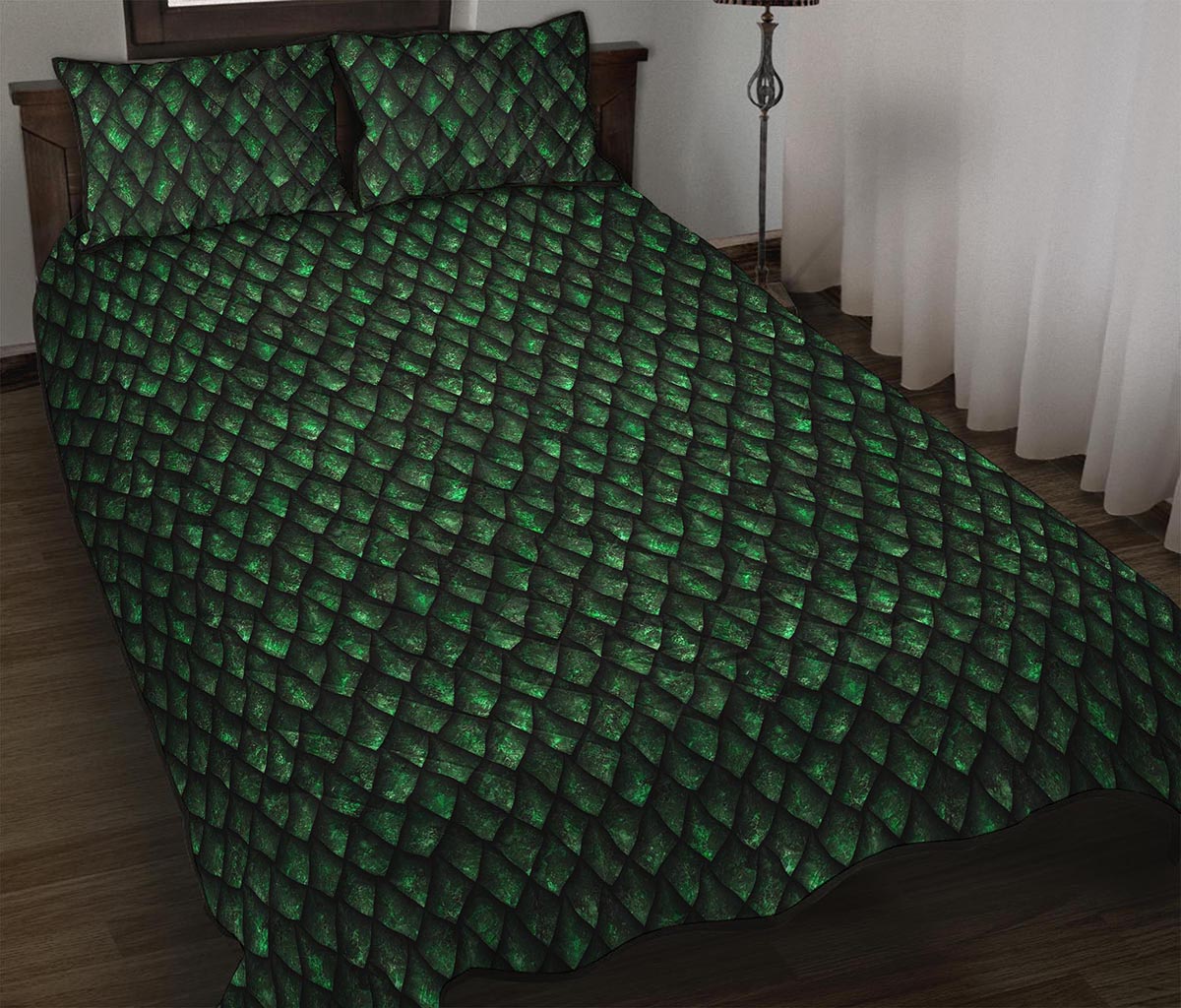 Green Dragon Scales Pattern Print Quilt Bed Set