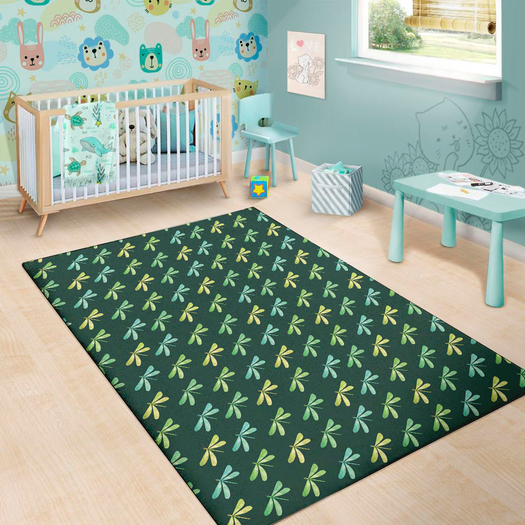 Green Dragonfly Pattern Print Area Rug