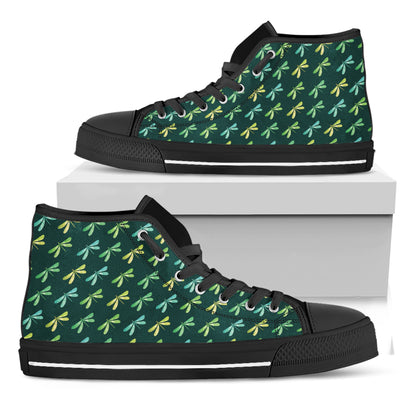 Green Dragonfly Pattern Print Black High Top Shoes
