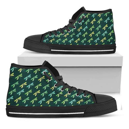 Green Dragonfly Pattern Print Black High Top Shoes