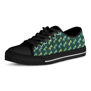 Green Dragonfly Pattern Print Black Low Top Shoes