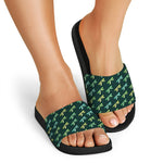 Green Dragonfly Pattern Print Black Slide Sandals