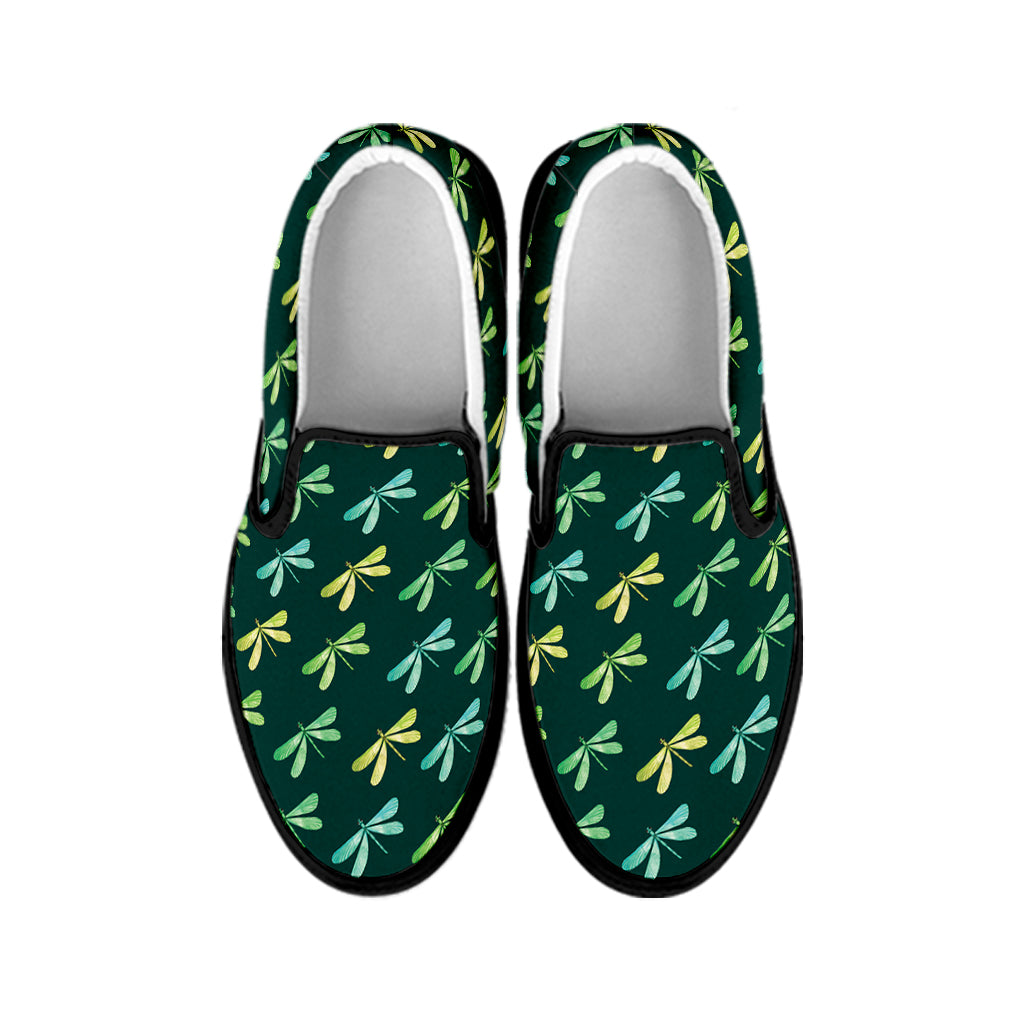 Green Dragonfly Pattern Print Black Slip On Shoes