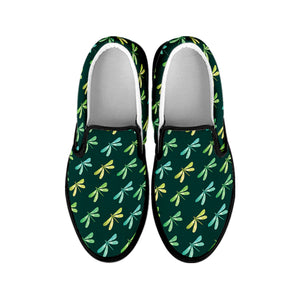 Green Dragonfly Pattern Print Black Slip On Shoes