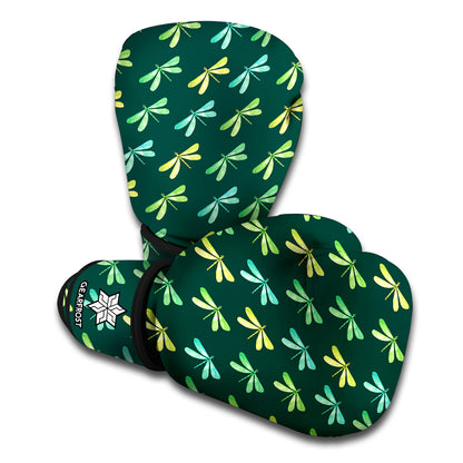 Green Dragonfly Pattern Print Boxing Gloves