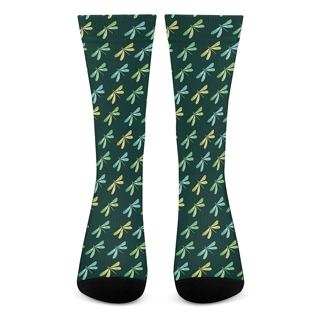Green Dragonfly Pattern Print Crew Socks