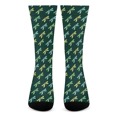 Green Dragonfly Pattern Print Crew Socks