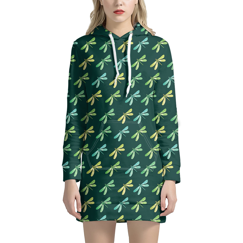 Green Dragonfly Pattern Print Hoodie Dress
