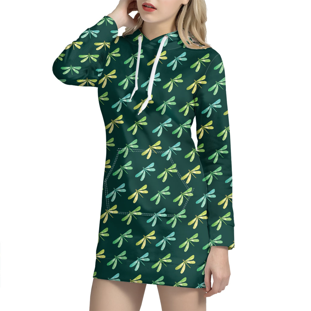 Green Dragonfly Pattern Print Hoodie Dress