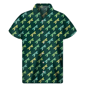 Green Dragonfly Pattern Print Men's Short Sleeve Shirt