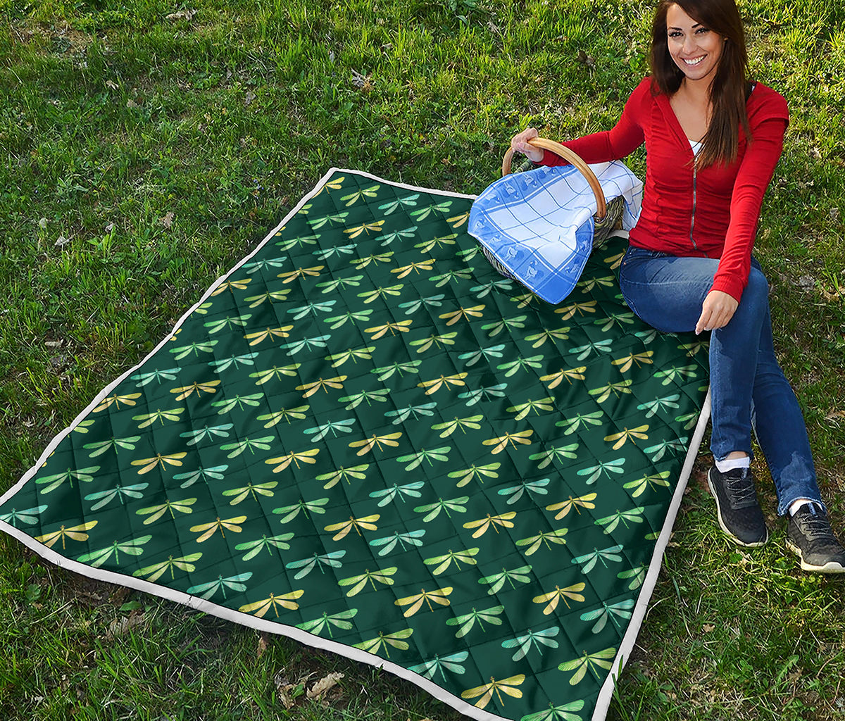 Green Dragonfly Pattern Print Quilt