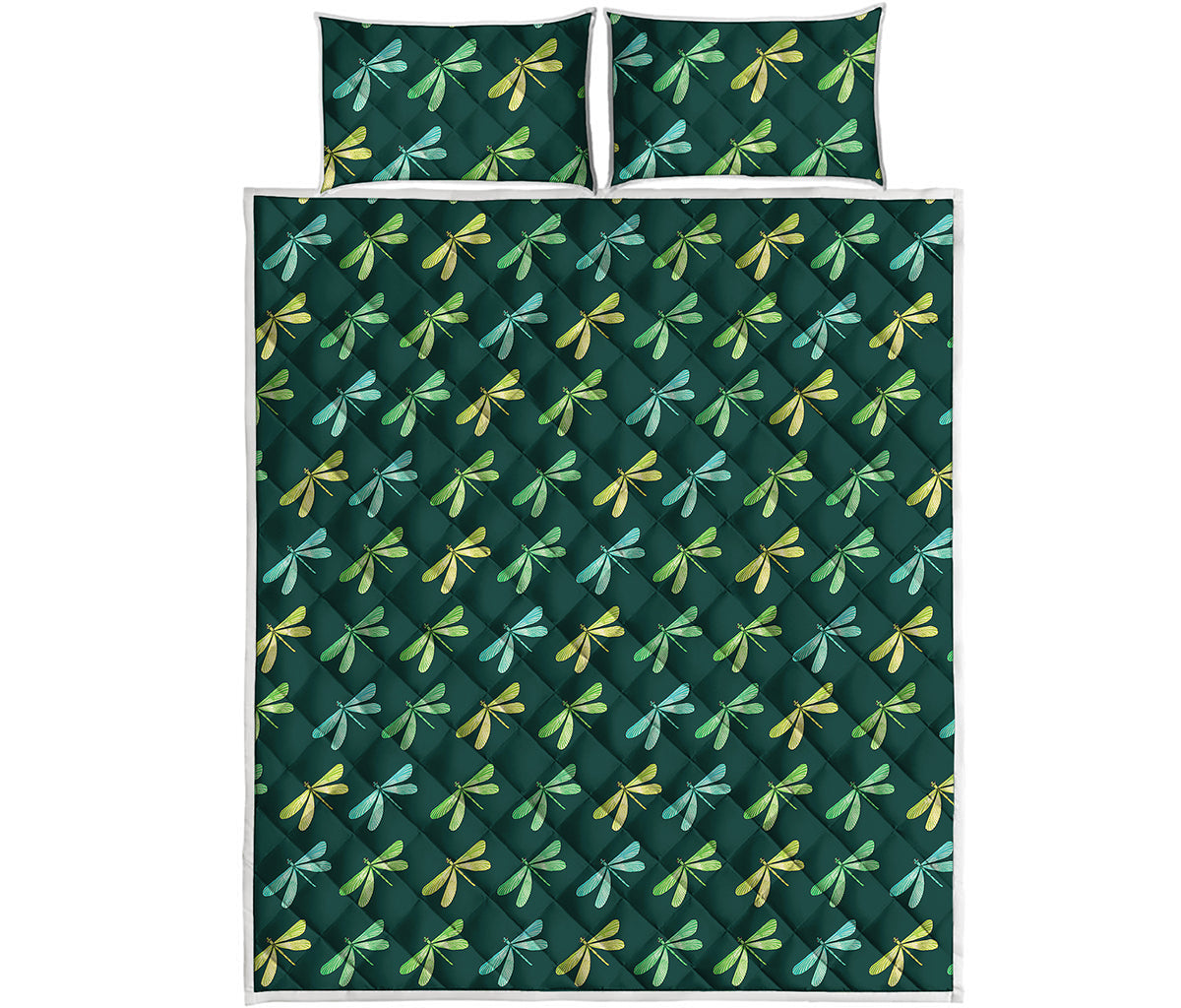 Green Dragonfly Pattern Print Quilt Bed Set