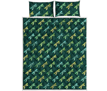 Green Dragonfly Pattern Print Quilt Bed Set