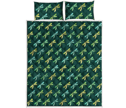 Green Dragonfly Pattern Print Quilt Bed Set