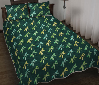 Green Dragonfly Pattern Print Quilt Bed Set