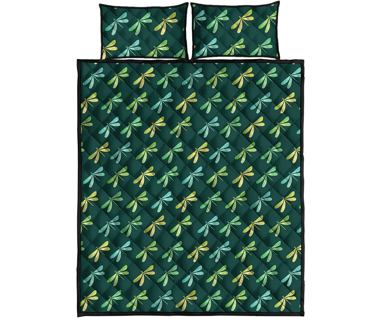 Green Dragonfly Pattern Print Quilt Bed Set