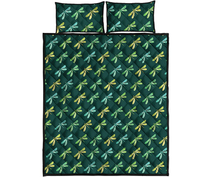 Green Dragonfly Pattern Print Quilt Bed Set
