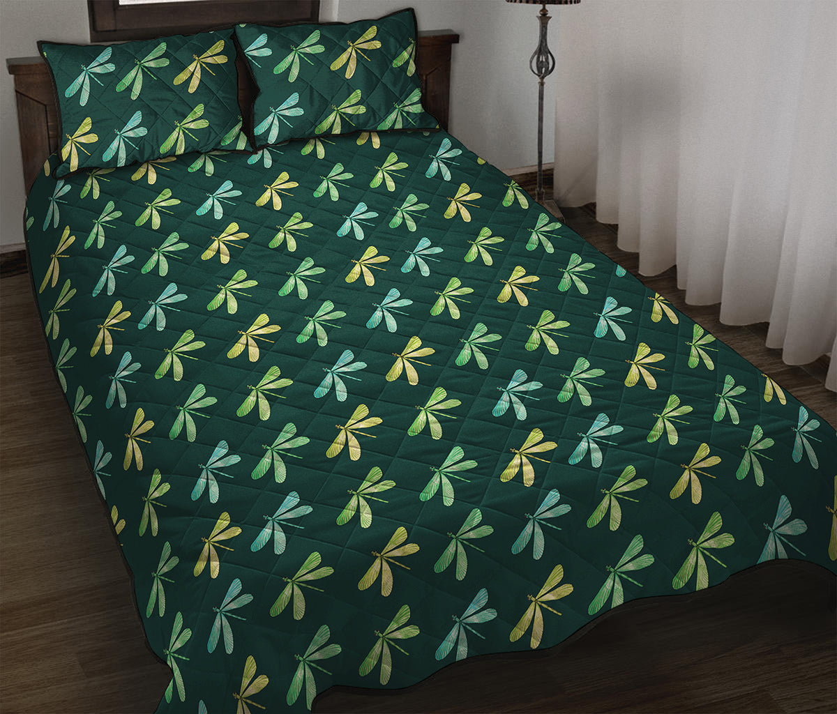 Green Dragonfly Pattern Print Quilt Bed Set