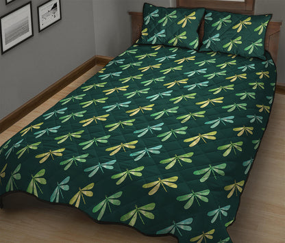 Green Dragonfly Pattern Print Quilt Bed Set