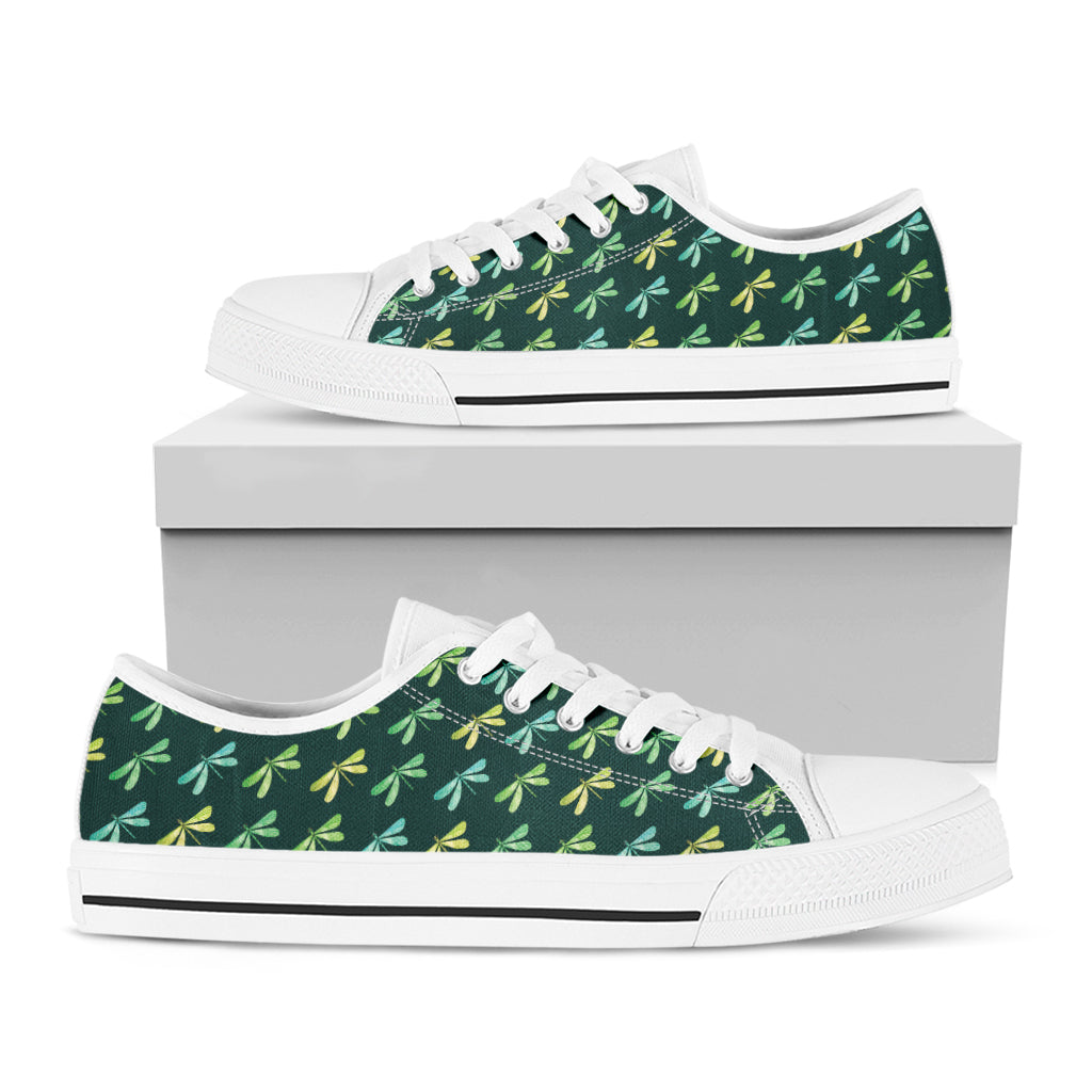 Green Dragonfly Pattern Print White Low Top Shoes