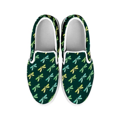 Green Dragonfly Pattern Print White Slip On Shoes