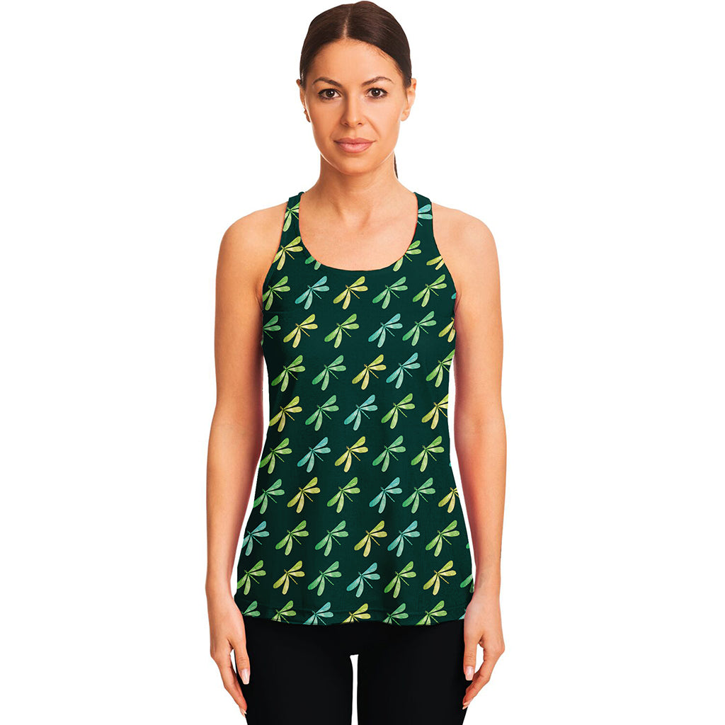 Green Dragonfly Pattern Print Women's Racerback Tank Top