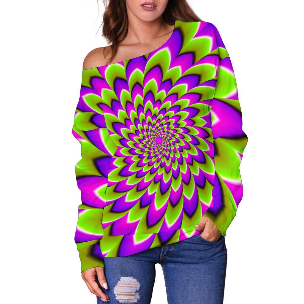 Green Expansion Moving Optical Illusion Off Shoulder Sweatshirt GearFrost