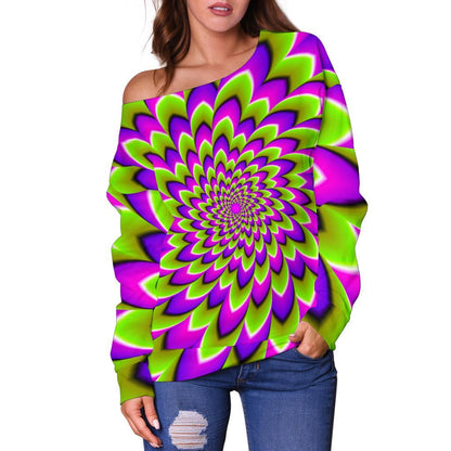 Green Expansion Moving Optical Illusion Off Shoulder Sweatshirt GearFrost