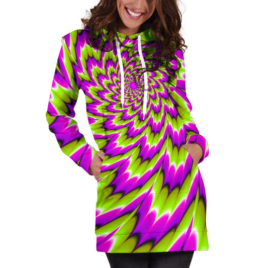 Green Explosion Moving Optical Illusion Hoodie Dress GearFrost