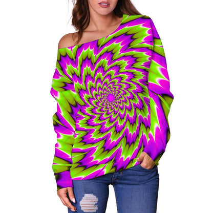 Green Explosion Moving Optical Illusion Off Shoulder Sweatshirt GearFrost