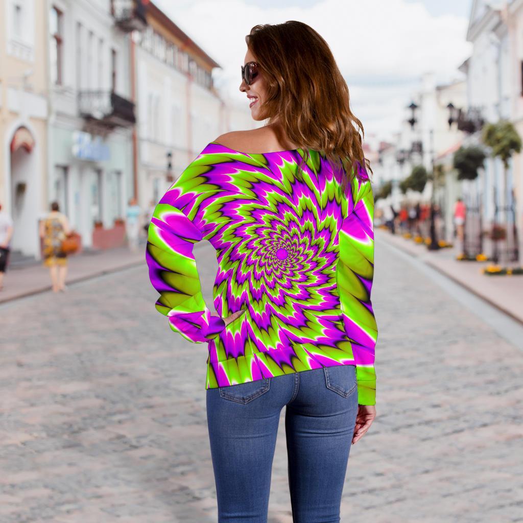 Green Explosion Moving Optical Illusion Off Shoulder Sweatshirt GearFrost