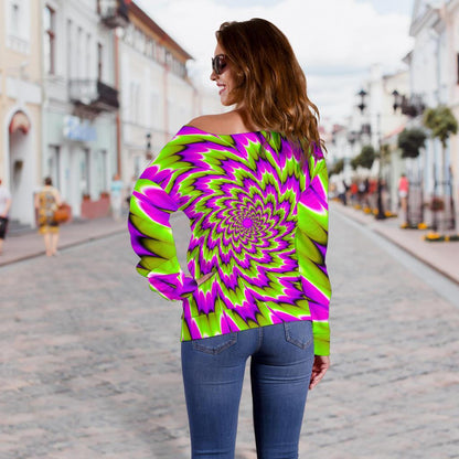 Green Explosion Moving Optical Illusion Off Shoulder Sweatshirt GearFrost