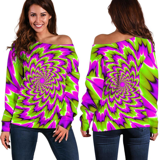 Green Explosion Moving Optical Illusion Off Shoulder Sweatshirt GearFrost