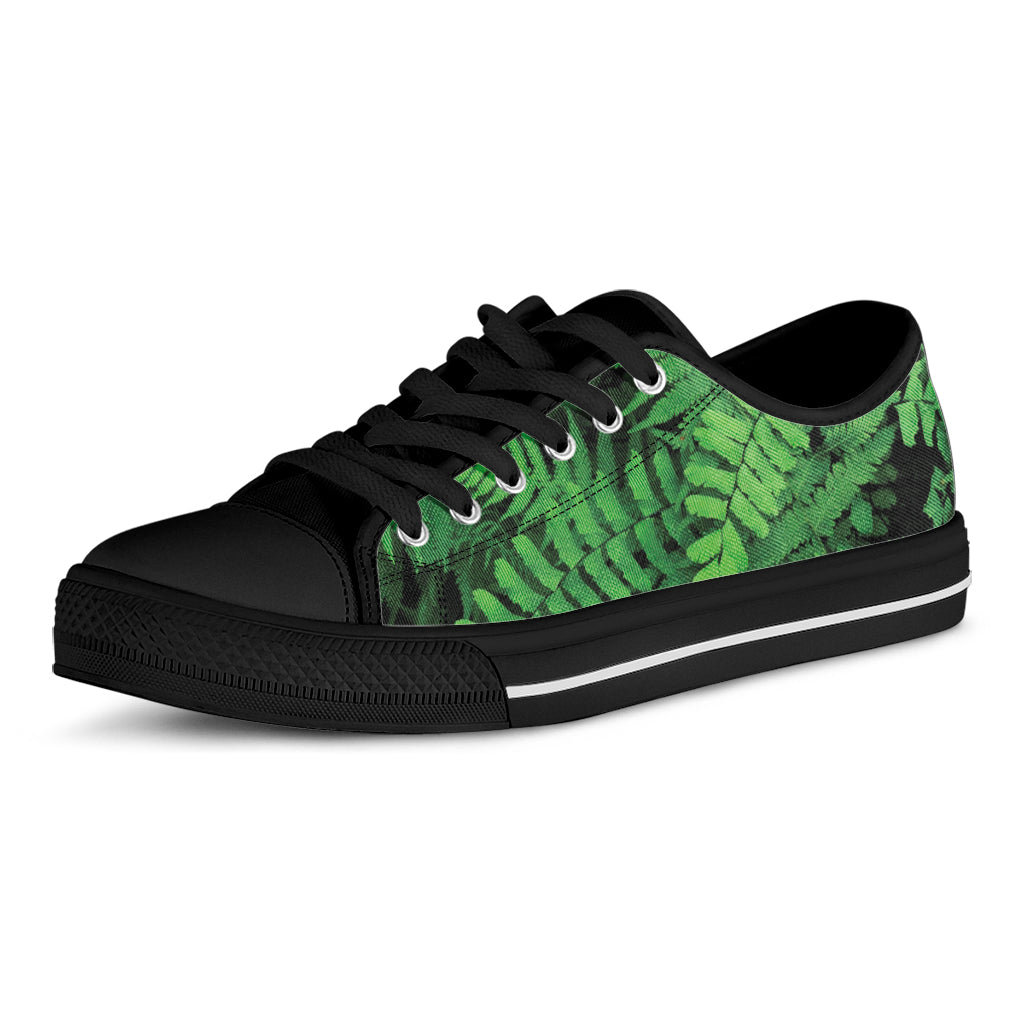 Green Fern Leaf Print Black Low Top Shoes