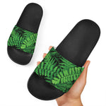 Green Fern Leaf Print Black Slide Sandals