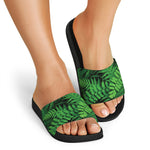 Green Fern Leaf Print Black Slide Sandals