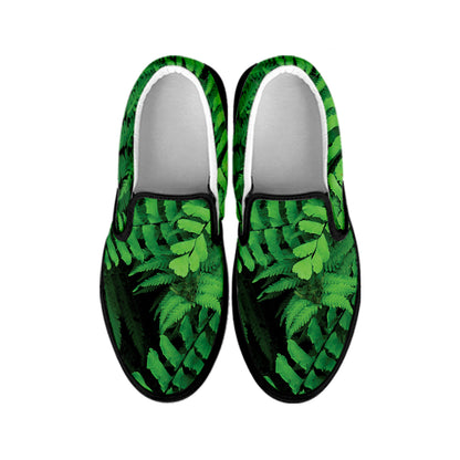 Green Fern Leaf Print Black Slip On Shoes