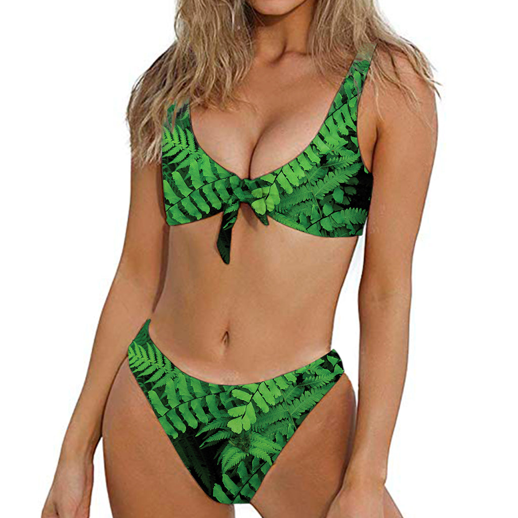 Green Fern Leaf Print Front Bow Tie Bikini
