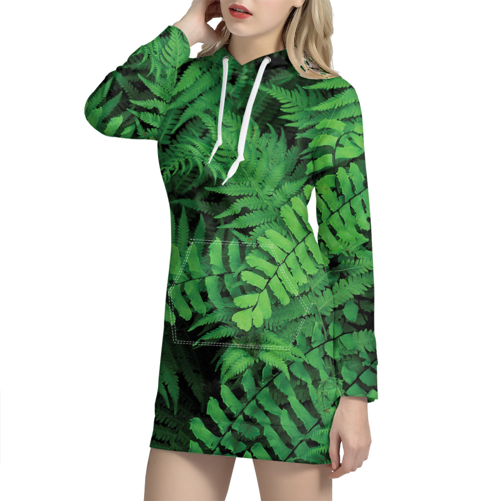 Green Fern Leaf Print Hoodie Dress
