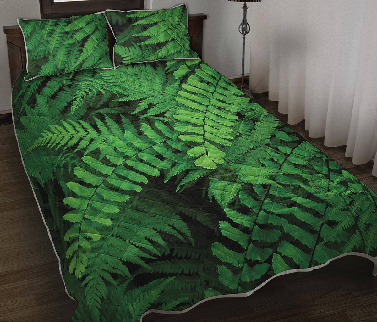Green Fern Leaf Print Quilt Bed Set