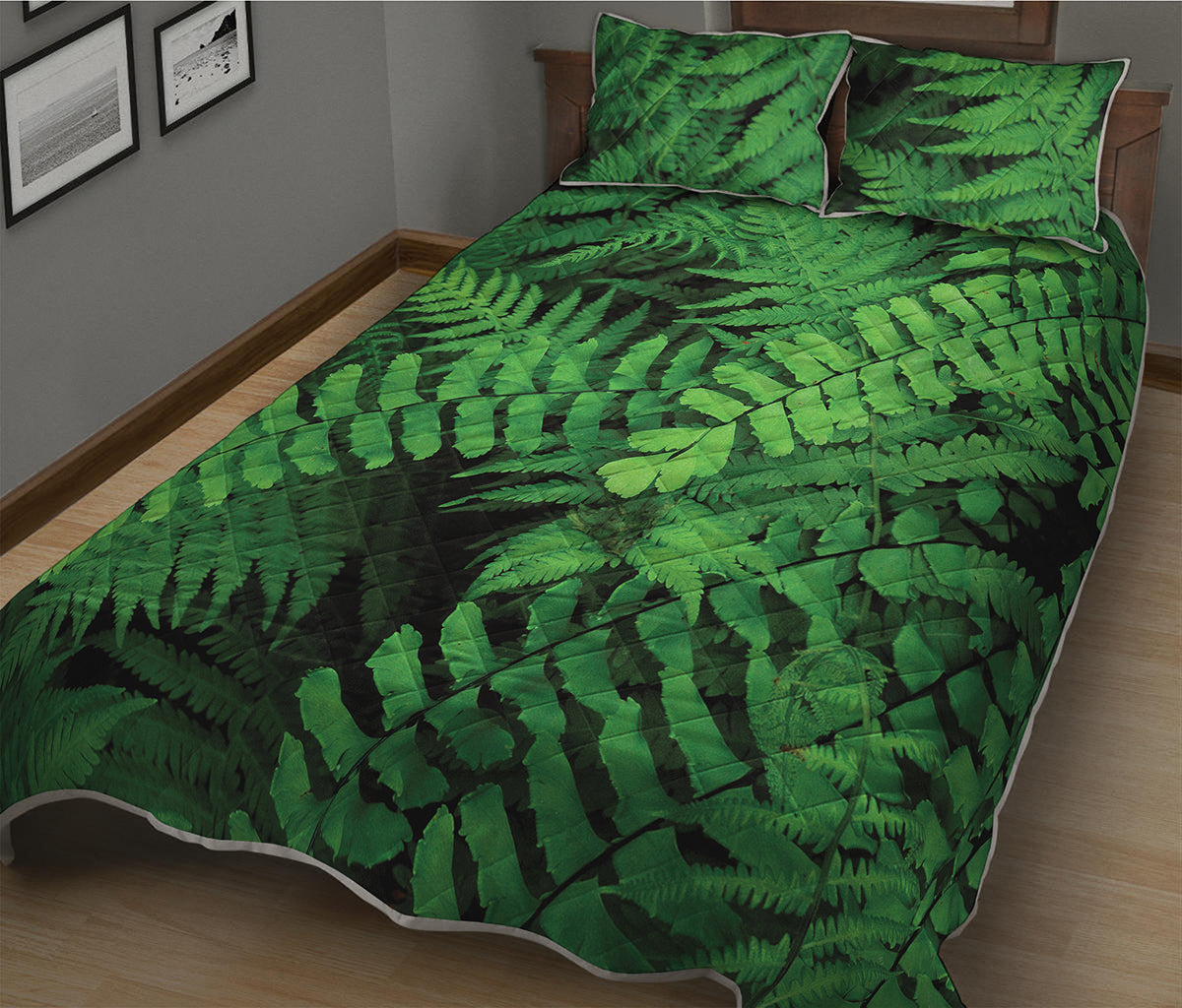 Green Fern Leaf Print Quilt Bed Set