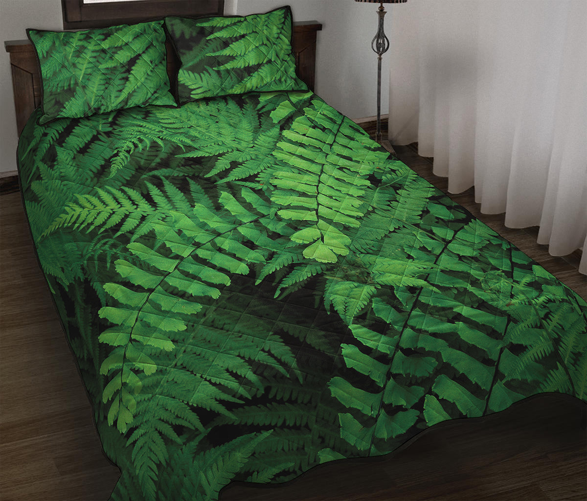 Green Fern Leaf Print Quilt Bed Set