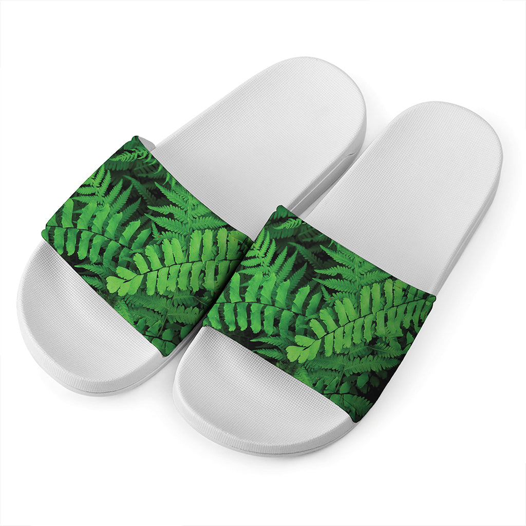 Green Fern Leaf Print White Slide Sandals
