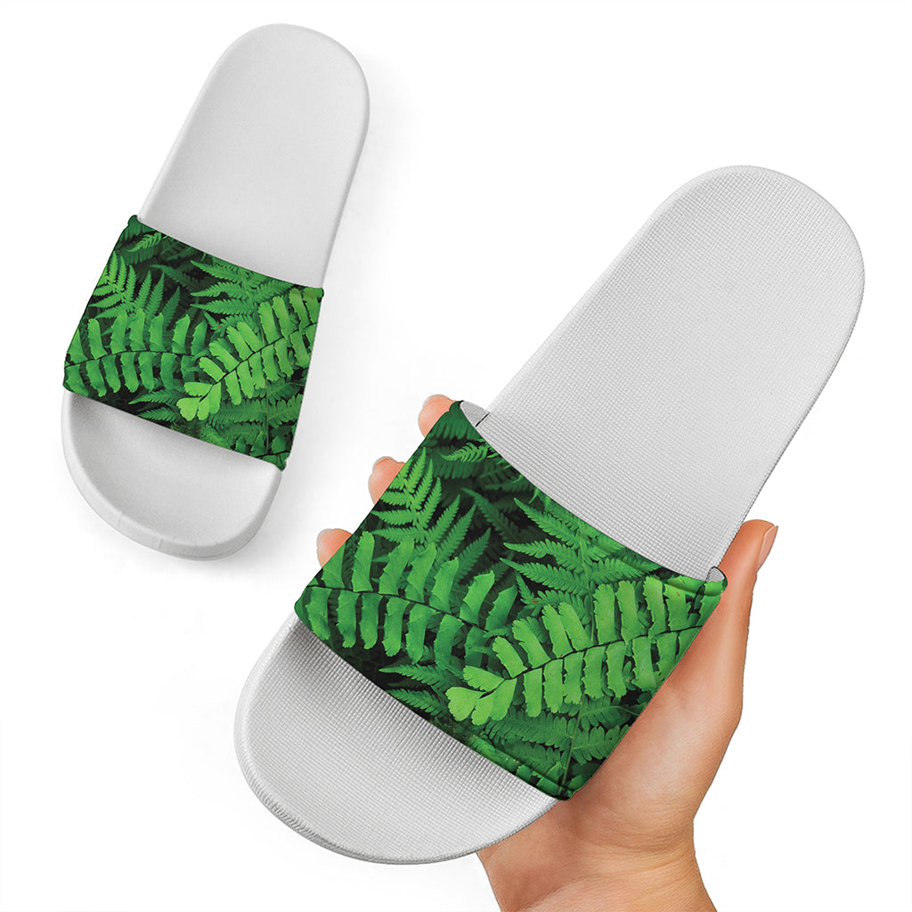 Green Fern Leaf Print White Slide Sandals