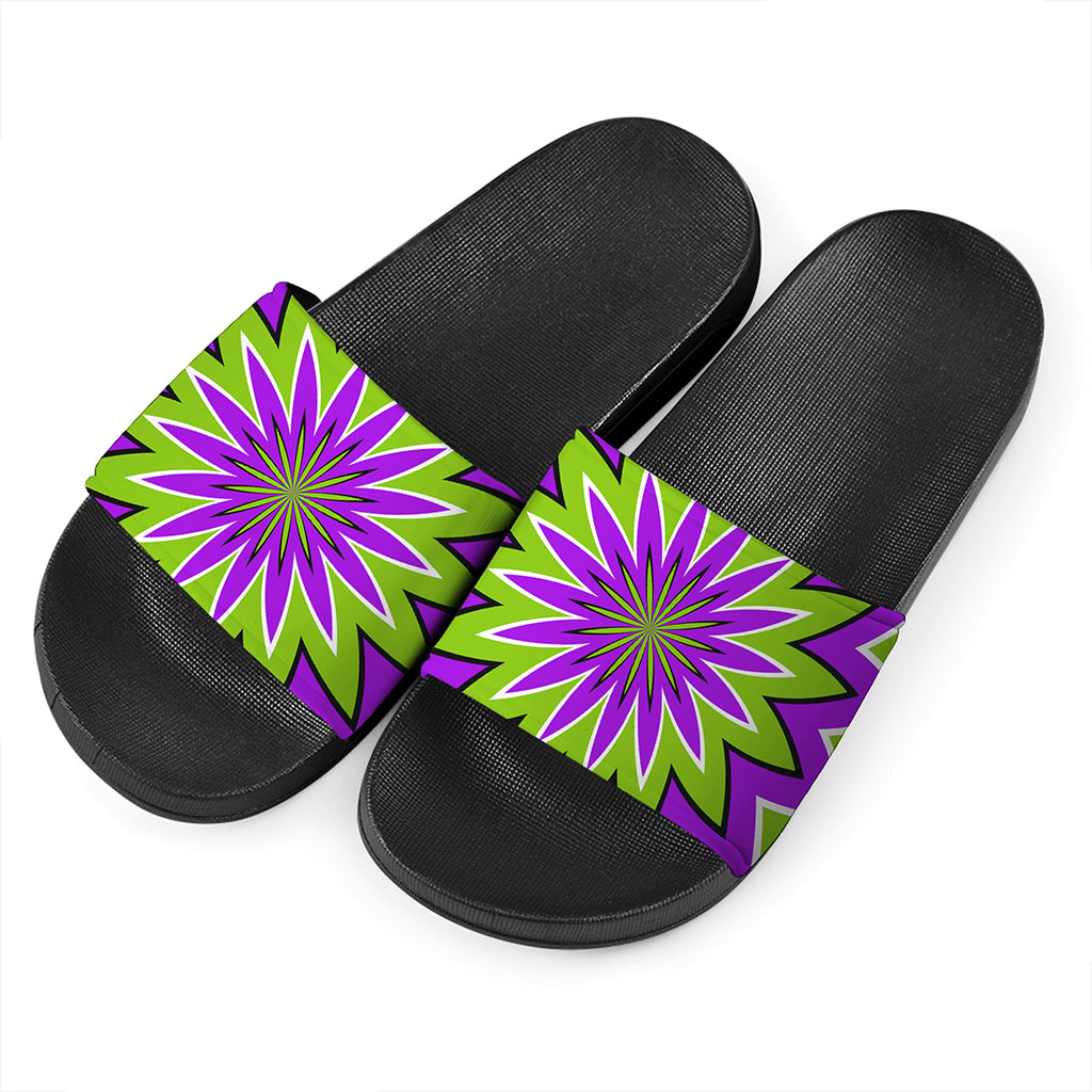 Green Flower Moving Optical Illusion Black Slide Sandals