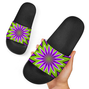 Green Flower Moving Optical Illusion Black Slide Sandals