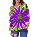 Green Flower Moving Optical Illusion Off Shoulder Sweatshirt GearFrost