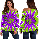 Green Flower Moving Optical Illusion Off Shoulder Sweatshirt GearFrost