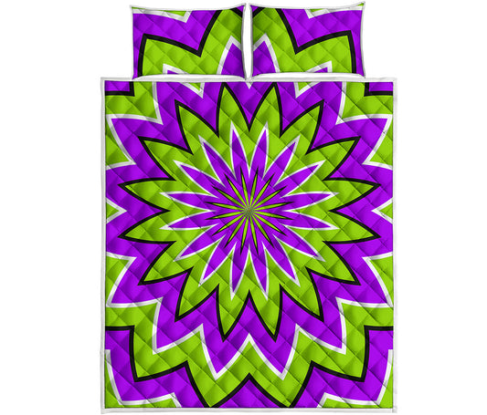 Green Flower Moving Optical Illusion Quilt Bed Set